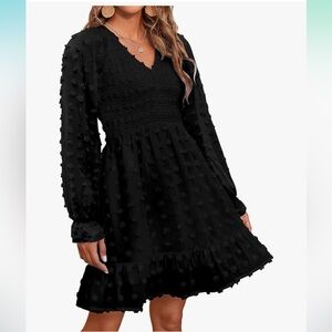 Btfbm long sleeve casual v neck Swiss dot smocked ruffle chiffon flowy dress